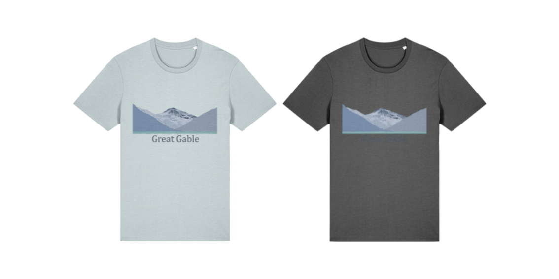 Mountain Sounds Creative Process, Product Examples, Lake District, Great Gable T-Shirts Pale Blue vs Dark Grey