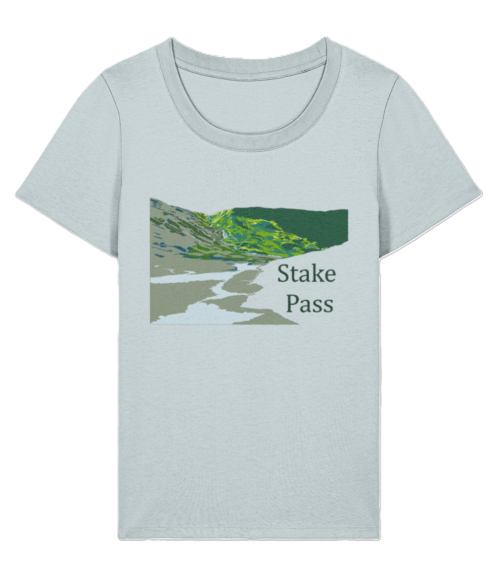 Lake District Women's T-Shirt Stake Pass, Front, Blue Ice