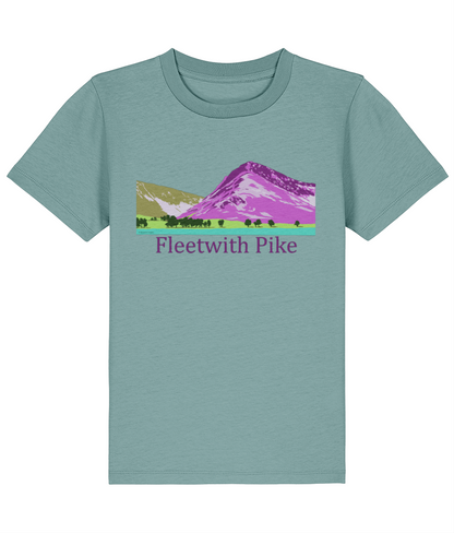 Lake District, Kid's T-Shirt Fleetwith Pike, Front, Teal Monstera