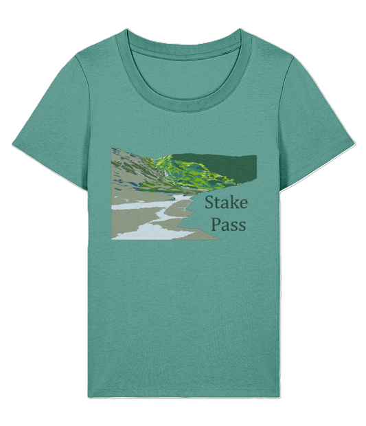 Lake District Women's T-Shirt Stake Pass, Front, Green Bay