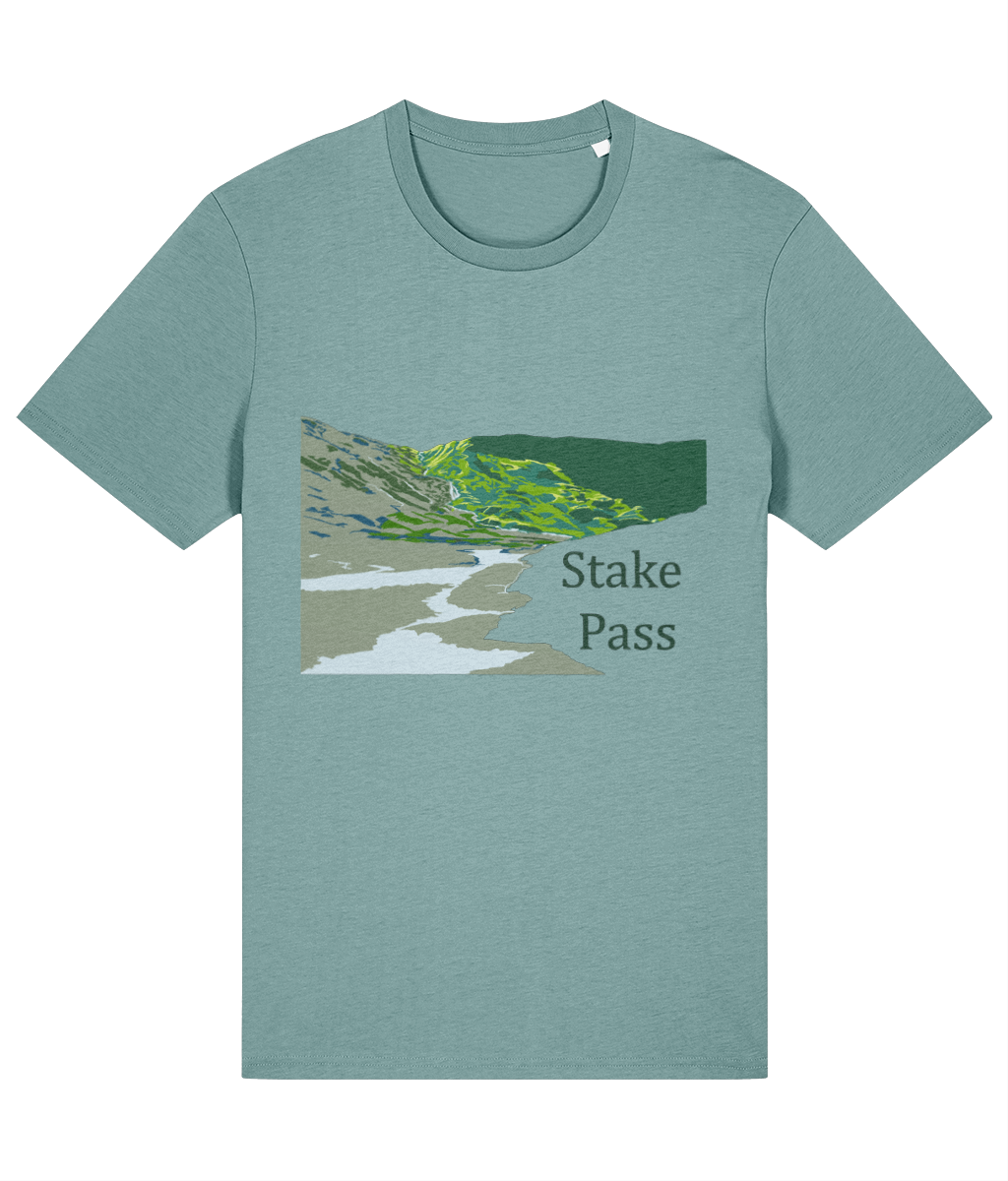 Lake District Men's T-Shirt Stake Pass, Front, Teal Monstera