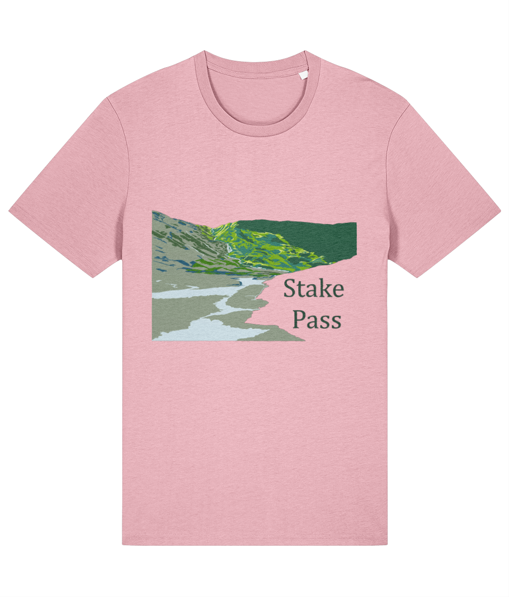 Lake District Men's T-Shirt Stake Pass, Front, Cotton Pink