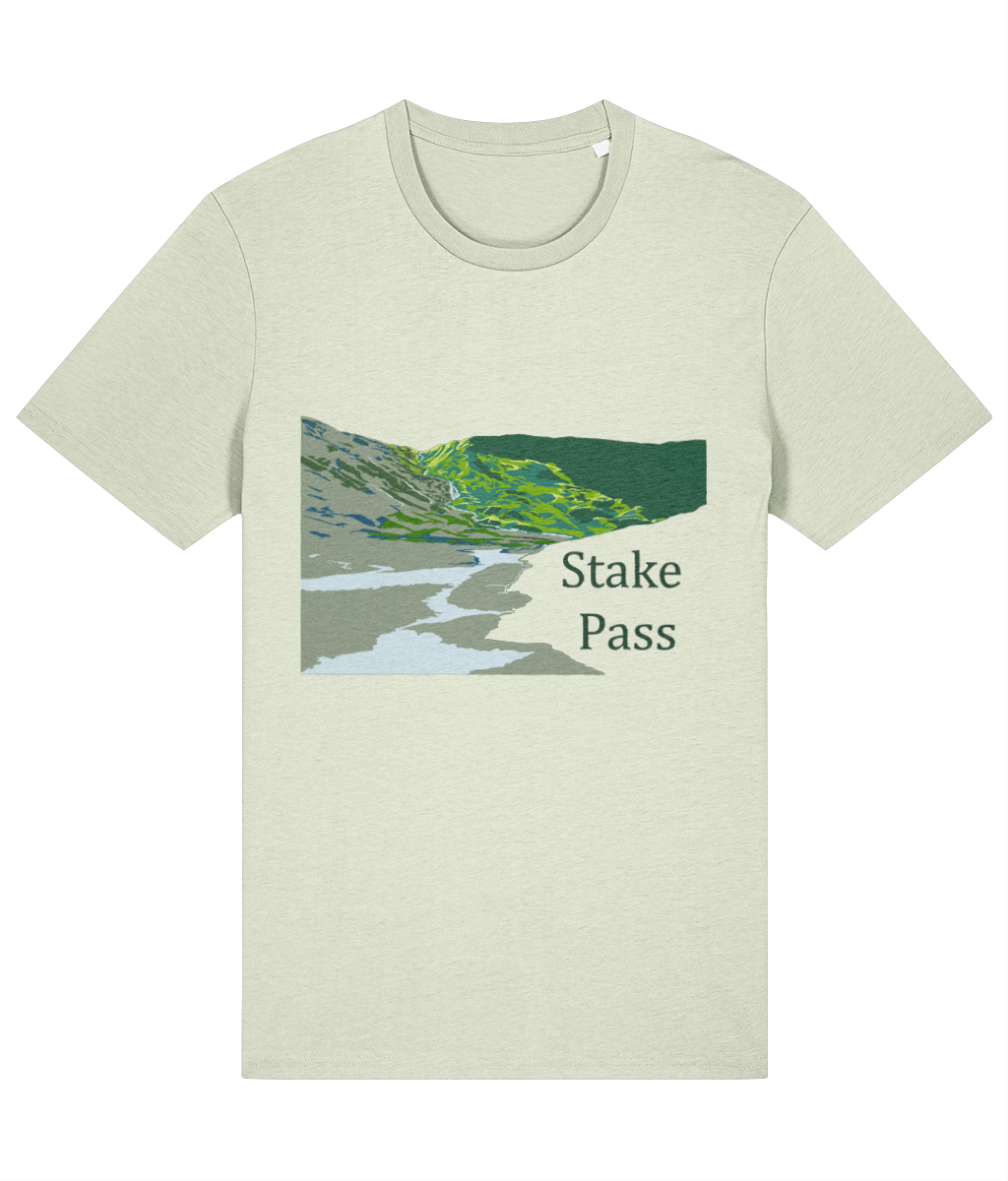 Lake District Men's T-Shirt Stake Pass, Front, Stem Green