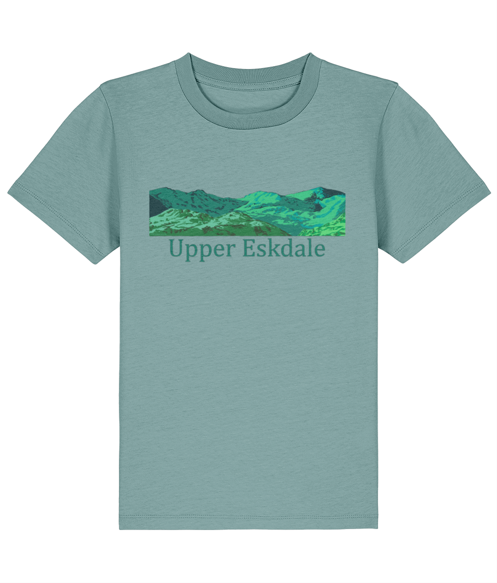 Lake District Kid's T-Shirt Upper Eskdale, Front, Teal Monstera